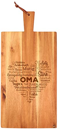 Schneidebrett für Oma mit Gravur – Wortherz Holz Brett mit Griff aus Akazienholz – Frühstücksbrett Brotzeitbrett Servierbrett – Geschenkidee für Oma 21 x 43 cm