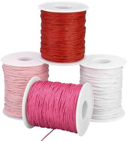 PandaHall Gewachste Baumwollkordel 1 mm Rosa Farbserie 400 Yards Schmuck-Perlenschnur 4 Rollen Runder Handwerksfaden Für Geflochtene Makramee-Armbänder Neckalce Schmuckherstellung