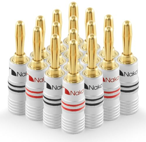 Nakamichi 24K vergoldeter Bananenstecker 12 AWG - 18 AWG Gauge Größe 4mm für Lautsprecher Verstärker Hi-Fi AV Receiver Stereo Heimkino Audiokabel Stecker schraubbar 16 Stück (8-Paare)