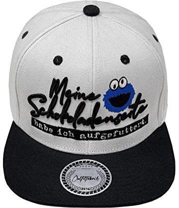 Outfitfabrik Snapback Cap Meine Schokoladenseite hab ich aufgefuttert in weiß mit schwarzem Schirm und 3D-Stick (Statement), One Size, verstellbar, Unisex