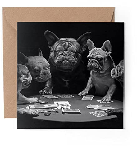 1 x Grußkarte (Fotoeinsatz) – BW – Spielkarten Französische Bulldoggen – blanko Geburtstagsfeier Jahrestag #42897