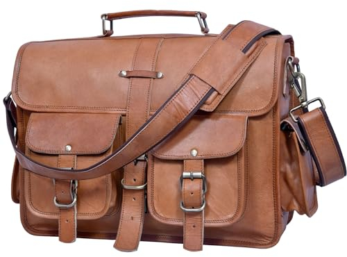 Herren-Umhängetasche aus echtem Leder, Vintage, Braun, Aktentasche, 39,6 cm (15,6 Zoll), Laptoptasche, Umhängetasche, Arbeitstasche, Braun, 16 inches