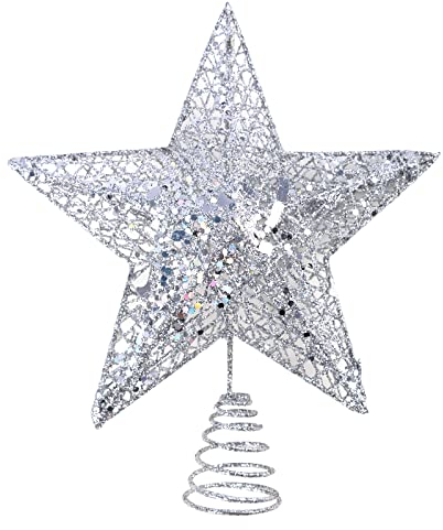 KEYIDO Silver Tree Star Christmas Tree Topper Metal Christmas Tree Star Topper for Xmas Tree Topper Ornaments Christmas Home Decoration H 20cm/8Inch W 25cm/10Inch