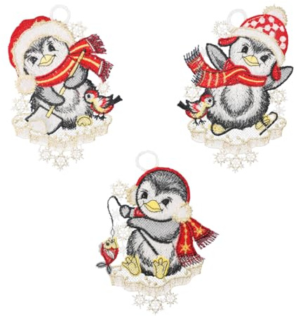 Plauener Spitze Fensterbild Pinguinbande 3er-Set, rot, je 12 x 16 cm, Plauener Spitze Fensterdeko Fensterschmuck Bilder Handarbeit Deko Fenster
