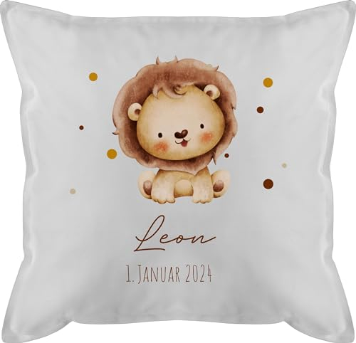 Kissen 50x50 - Löwe mit Name und Datum personalisiert I Geburtstag I Geburt Tiermotiv Geschenk Löwen - 50 x 50 cm - Weiß - personalisierte kinderkissen Kindergarten löwenmotiv Leo zur