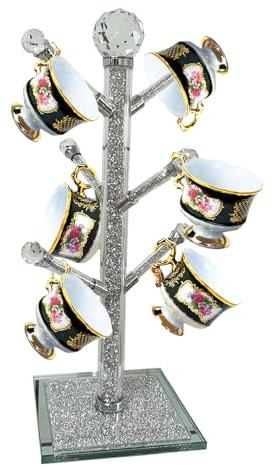HMRCYTE Glass Coffee Mug Holder, Cup Stand for Countertop with 6 Hooks | Silver Crystal Coffee Mug Stands for Kitchen Counter Cup Tree Stand Crushed Diamond Home Holder Cup Mug Rack for Cafe Bar