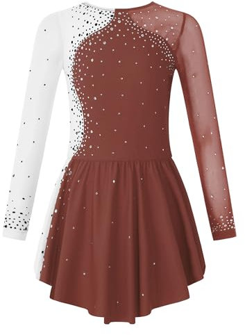 Kvysinly Tanzkleid Mädchen Langarm mit Strass Eiskunstlauf Kleid Kinder Glitzer Ballettkleid Gymnastikanzug Wettbewerb Ballet Outfit Braun 134-140