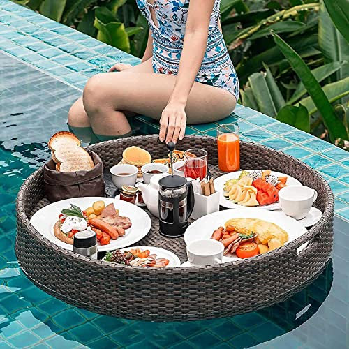 Floating Tray Runde Rattan Floating Pool Fach,Luxus Schwimmenden Tabletts Tisch Bar Für Erwachsene Sandbänke,Spas,Bad & Partys-Hochzeit Fotografie Fotoshooting,Braune-80 * 80 * 20Cm