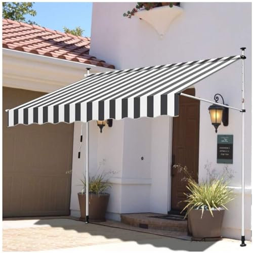 Patio Arm Retractable Awning, Stripe Retractable Awning, Manual Retractable Patio Door Window Awning Sunshade Shelter Outdoor Canopy for Deck, Balcony, Yard(Color:Gray and white stripes,Size:118.1)