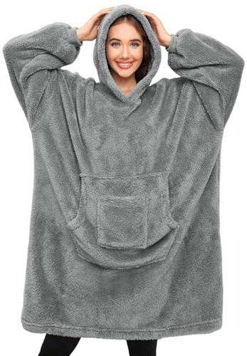 Tuopuda Felpa Donna Coperta con Maniche Felpe Plaid con Cappuccio Oversize Coperta Indossabile in Pile Pullover Blanket Hoodie Sherpa Fleece Felpa Gigante con Cappotto Pigiama, Grigio Chiaro-Grandi