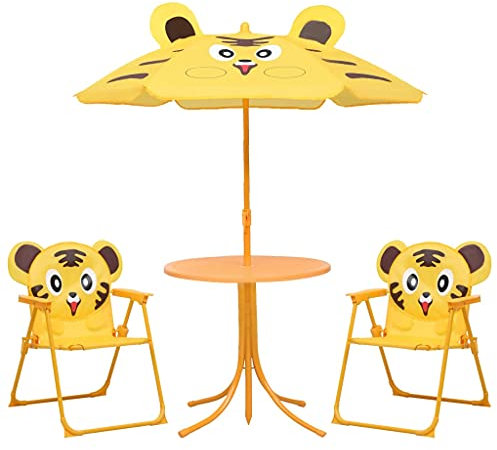 Homgoday Garten-Bistro-Set für Kinder mit gelbem Sonnenschirm, Gartenmöbel, Tisch und Gartenstühle im Freien Set, Gartenmöbel-Set