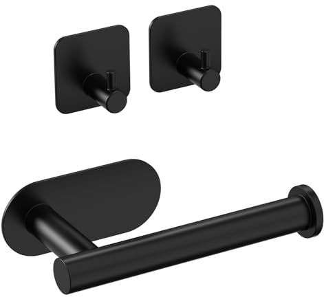 Dealsgogo RV Toilet Paper Holder - Self-Adhesive Wall Mount, No Drill Required, Black Stainless Steel, Includes 2 Hooks - RV Paper Towel Holder for Campers, Bathrooms, and Kitchens