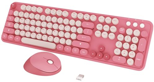 KOOTOP - Teclado inalámbrico, diseño de máquina de escribir con 104 teclas redondas retro para PC, laptop, escritorio, ventanas, teclados para el hogar y la oficina (rosa)
