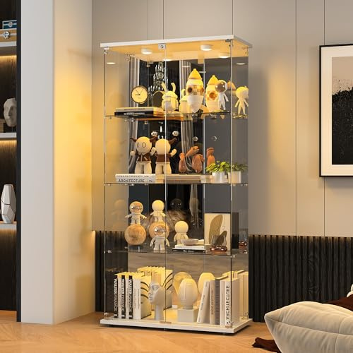 BPKADHY Glasvitrinskåp Stående vitrine med LED, Modern glasvitrinskåp Stående med spegelbakvägg Vitrinskåp för samlarobjekt Böcker Vin, 4 glasbottnar & 2 låsbara dörrar, 164x80x36 cm, Vit