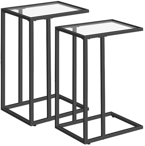 YDYAENIO Side Table C Shaped End Table Set of 2, Tempered Glass Snack Side Tables with Metal Frame, TV Tray Desk for Small Space, Sofa Couch and Bed(Black-2)