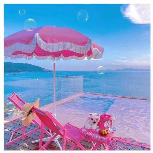 Parasol de Jardin d'extérieur, Parasol à Pompon d'extérieur de 6,5 Pieds avec Inclinaison à Bouton-Poussoir, Parasol de Plage avec Franges, Parasol à Franges Romantique, Parasol à Pompon pli