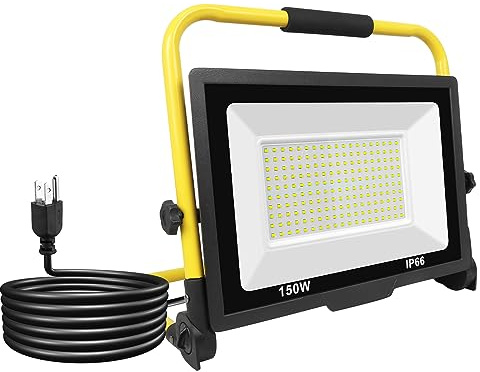 YOJZMA 150W LED Construction Spotlight 15000 LM Work Light Outdoor Foldable Portable Work Light with Plug IP66 Waterproof 6000K White Flood Lights