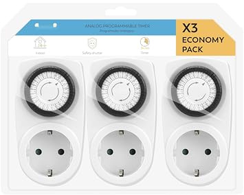 Minuterie analogique de 24 Heures pour 1 Prise avec Interrupteur, Lot de 3 unités, idéal pour Programmer des appareils électriques en intérieur.