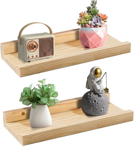Jeffbaubl Bilderleiste Holz, Wandregal Holz, 2 Stück, 30cm, Holzfarbe | Schweberegal Bilderleiste mit Lippe, Kiefernholz für Wohnzimmer Schlafzimmer Badezimer