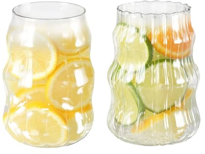 Henrrida 2 PCS Glass Cups with Lids and Straws,530 Ml Iced Coffee Glass, Transparent Ribbed Iced Coffee Cup, Suitable for Smoothie Whiskey Beer,Soda Water,Tea, Various Beverages 18 OZ