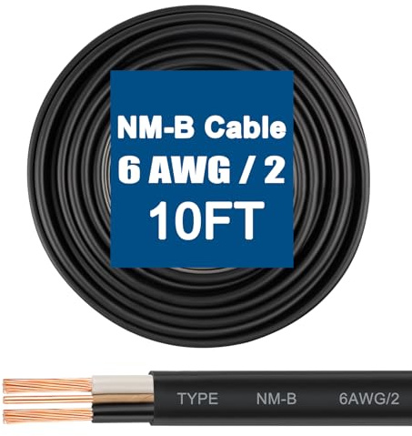 6/2 Wire with Ground - 10FT 6 Gauge NM-B Non-Metallic Sheathed Cable 100% Pure Copper 6 AWG 2 Conductor Residential Indoor Wire for Outlets, Switches, Other Loads and Lighting Wiring Projects etc.