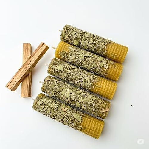 YA-DECOREGALOS Velas de Cera de Abeja con Laurel, + 2 palos santos de Perú XL Set de 6, para Rituales, MEDIDAS 10 CM