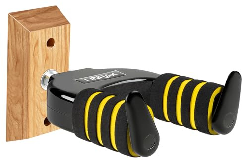Linrax AH1 Gitarren-Wandhalterung, Automatische Verriegelung, Gitarrenhaken mit Holzsockel, Gitarrenaufhänger, Gitarrenhalter für Akustik Klassik E-Gitarre Bass Ukulele Banjo, Gitarrenständer