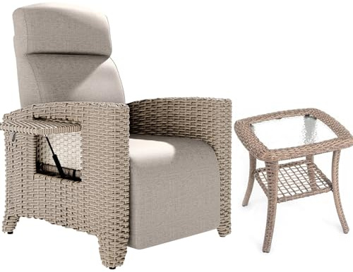 Relaxliege Liegesessel&Beistelltisch-Set, Rattansessel, Verstellbare Rückenlehne, mit Dickem Kissen, Geeignet für Innen und Außen (Braune+Apricot Relaxliege 1-PACK)+(Braune Beistelltisch 1-PACK)