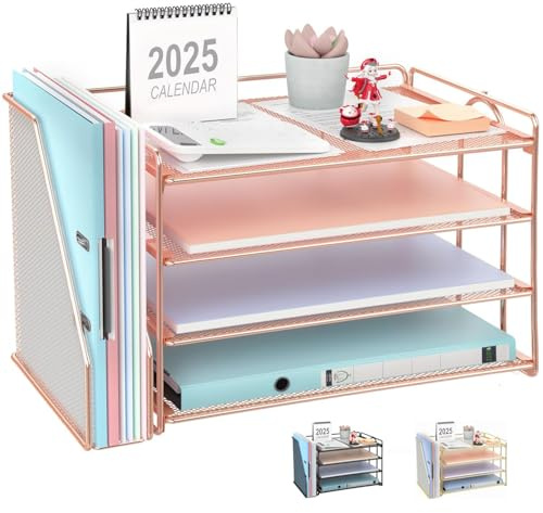 Schreibtisch Organizer mit Aktenhalter, 4-Tier Büro Organizer Papierablage, Netz-Dokumentenablage mit Zeitschriftenhalter, Schreibtisch Ablage für Büro Bedarf (Roségold)