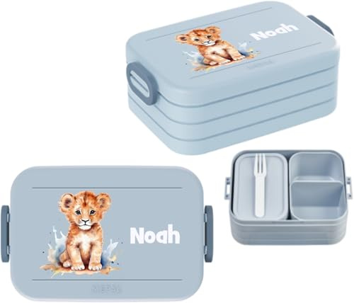 Mepal Brotdose To Go mit Namen – Personalisierte Bento Lunchbox für bis zu 4 Brote – mit Fach & Gabel – BPA-frei, spülmaschinenfest – 900 ml Midi – Nordic Blue - Löwe