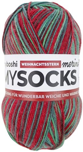 myboshi mysocks Merino, extra weiche 4-fädige Merino-Sockenwolle, 75% Schurwolle, 25% Polyamid, filzfrei, 100g, 420m Rot (Weihnachtsstern), 1 Knäuel