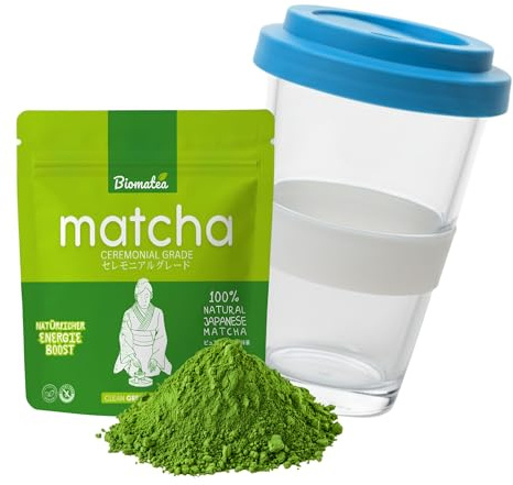 Matcha ceremonial japonais en poudre 50 g avec gobelet en verre Swiss made Matcha to go en verre Tencha en poudre de thé vert de Kagoshima Japon + gobelet à matcha avec couvercle (bleu)