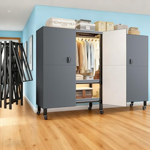 125CM Kleiderschrank Faltbarer Schlafzimmer, Grau Tragbarer Stoffschrank