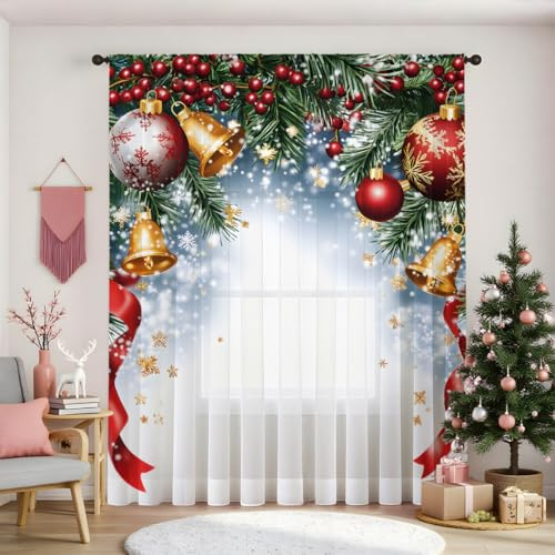 Lukery Weihnachtsglocken Vorhänge Wohnzimmer, 2er Set Weiß Scheibengardinen, Lang Halbtransparent Gardinen Vorhänge Durchsichtig für Küche Fenster Wohnzimmer (Weihnachten,132x213cm)