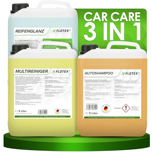 FLOTEX Car Care 3in1 Bundle Set 5L | Autoshampoo 5L + Reifenglanzpflege 5L + Multireiniger 5L | Ganzheitliche Autopflege für Auto Innenraum, Reifen, Lack und Felgen | Made in Germany