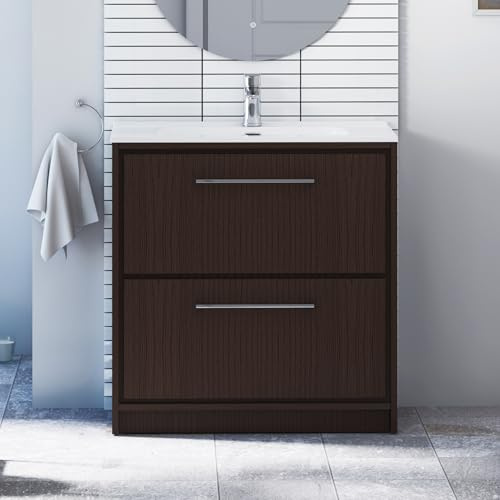Royal Bathrooms 800mm Floor Standing Bathroom Vanity Unit Ceramic Basin 2 Drawers Storage Cabinet Furniture - Walnut Woodgrain