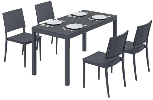 Outsunny Gartenmöbel Set 5-Teilig Wetterfest für 4 Personen Dunkelgrau | Sitzgruppe, Breiter Tisch, 4 Stapelstühle, Lamelldesign, Essgruppe, Gartenset, Gartengarnitur, Garten Balkon Terrasse