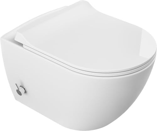 Toilette murale sans armature avec fonction de bidet intégrée et mixeur à chaud / froid, siège de Duroplast Slim Soft-Close, Easy Clean Ceramic, Blanc