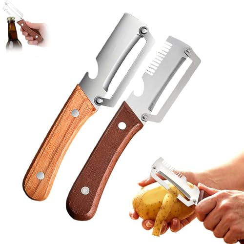 3 en 1 Éplucheur de légumes multifonction pour la cuisine avec lame en acier inoxydable ultra-aiguisée et manche en bois ergonomique, Râpe multifonction, avec Ouvre-Bouteille (Couper + éplucher)