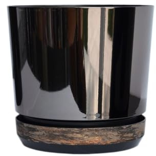 KERD Blumentopf 14 cm Duo Schwarz + Rostige Rinde (DUO/088/032), dekorativ, hochwertig, aus Recycling, mit Drainage, mit Untersetzer, handbeklebt, Spiegeleffekt, Hochglanz, modern, glamourös