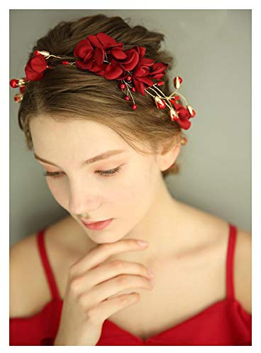 Chargances Braut-Haarband mit rotem Blumen-Design, roter Kristall, Haarreif, mit Perlen und roten Strasssteinen, für Hochzeiten, Haar-Accessoires, roter Schmuck, Geschenk für Frauen und Mädchen