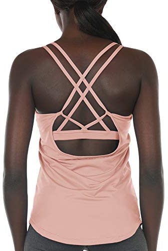 icyzone Damer sport yoga linne, topp med integrerad bh - 2 i 1 sporttoppar, fitness, gym, skjortor, Blass rödd, M