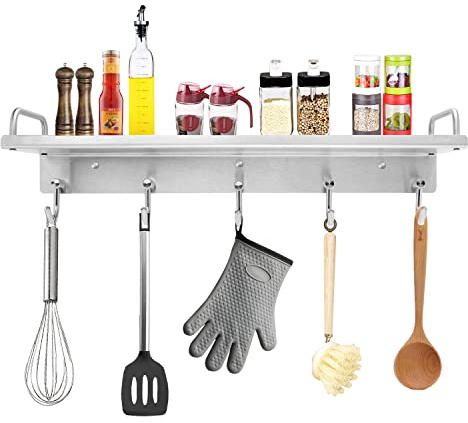 Audmore Kitchen Utensil Rack, Spice Rack with Hooks Wall Mount, Over the Stove Shelf, Stainless Steel, Hanging Storage Wall Shelf for Spatula Spoon, Seasoning Jar Organizer