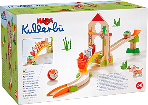 HABA 305396 - Kullerbü – Kugelbahn Hühner-Domino, Kugelbahn aus Holz mit Dominostein-Effekt, Kullerbahn, Scheunentor und 6 Hühnern aus Holz, Holzspielzeug ab 2 Jahren