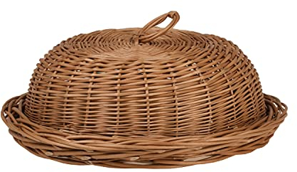 e-wicker24 Alles aus Weide - Cestino per il pane in salice, rotondo, in colore naturale, con coperchio, decorato in tessuto, fiocco decorativo