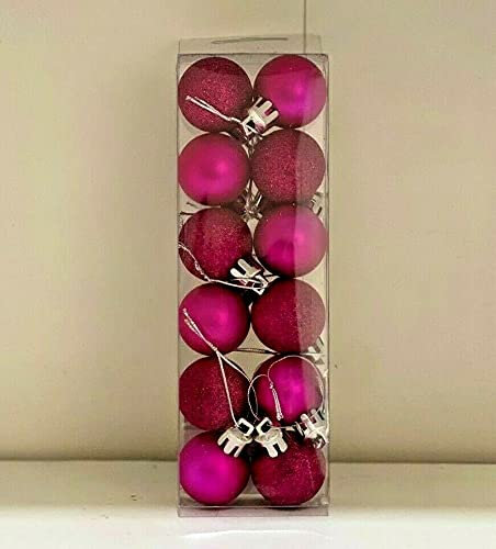 Christmas 3CM x 12 Baubles With Hanging Threads Ornaments Xmas Tree Decoration Colours Are Purple, Green, Gold, Red Wine, Bright Pink, Navy Blue, Peach, Rose Gold And Pink (Pink)
