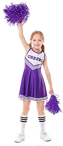 ALUCIC Mädchen Cheerleader Kostüm Cheerleading Uniform Karneval Fasching Party Halloween Kostüm Kleid Minirock mit 2 Pompoms und Socken (Lila, 146-152)