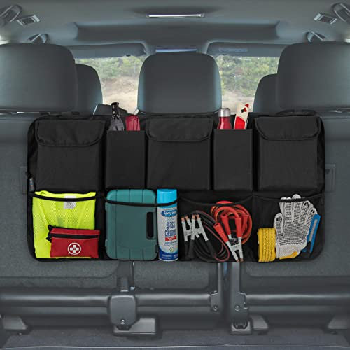 Karids Car Boot Organiser - Backseat Storage Organizer with 4 Elastic Mesh Pockets and 2 Bottle Holder + 2 Large Compartments - Tidy Vehicle Hanging Storage | Declutter Cargo Net Bag for Travel