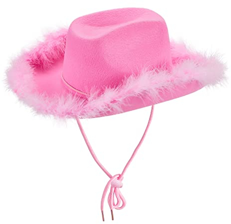 Qtinghua Cowboyhut für Damen, flauschiger Federbesatz, Halloween-Kostüm, Cowgirl-Hut für Cosplay, Kostümparty, Rollenspiel, Geburtstagsparty, Weiß, Rosa, Einheitsgröße
