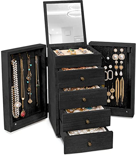 Meangood Schmuckkästchen aus Holz für Damen, 5-lagig, groß, Organizer-Box mit Spiegel und 4 Schubladen für Ringe, Ohrringe, Halsketten, Schwarz